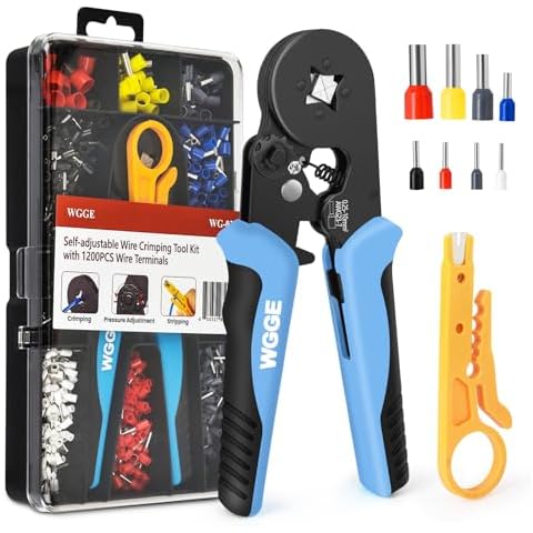 WGGE Ferrule Crimping Tool Kit, AWG 23-7 Self-adjustable Ratchet Wire Ferrule Crimper Plier Set with 1200pcs Wire Terminals Crimping Connectors Wire Ends Ferrules Cover