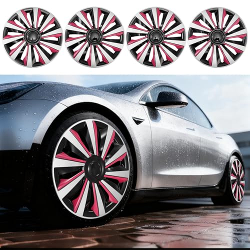 Image of Silver with Pink Hubcap Wheel Cover Replacement Kit 16 inch Hub Caps Wheel Rim Cover Car Exterior Accessories Pack of 4, 16 Inches