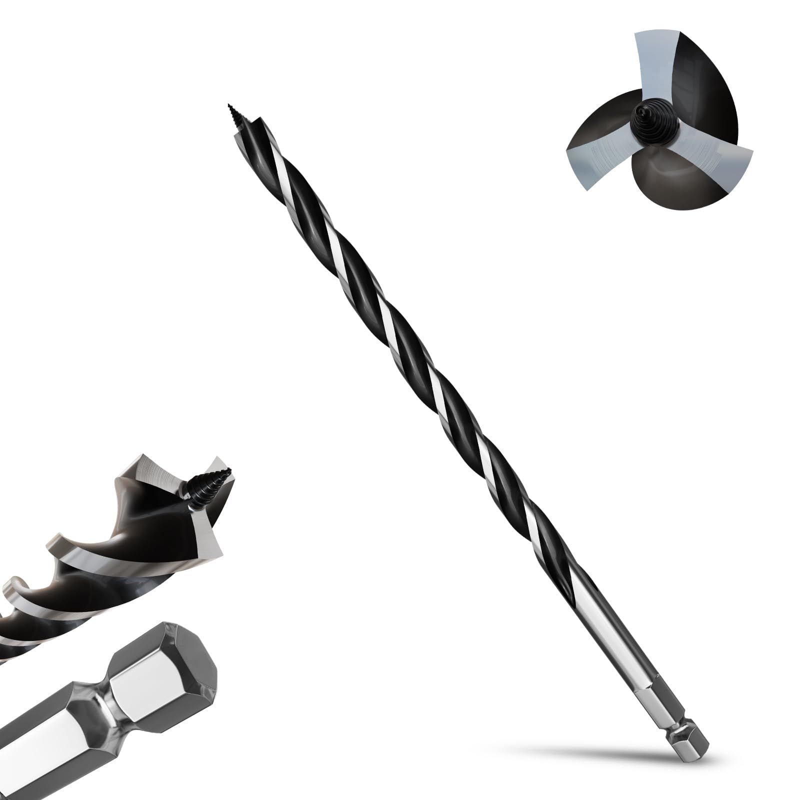 METOTY 12mmx300mm Auger Drill Bit Extra Long Drill Bits，12mm Hex Shank for Wood with Quick Change - 3-Cutter Design with Dual-Flute for Fast Chip Removal, Fits Hardwood, Softwood, PVC, Drywall