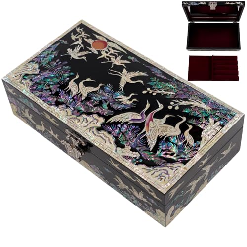 February Mountain Perlmutt-Schmuck-Organizer-Box, handgefertigt, groß, Holzbox, romantisches Geschenk zum Jahrestag, Geburtstag, für Frauen (Kraniche mit roter Sonne)