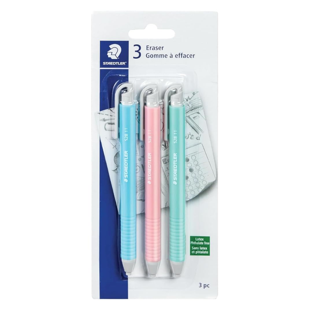 STAEDTLER Vinyl-Radiergummi-Halter (3er-Pack): einziehbare Radiergummis für Bleistifte, weiches Vinyl, latexfrei, saubere Kanten, keine Flecken, Pastellfarben (54)