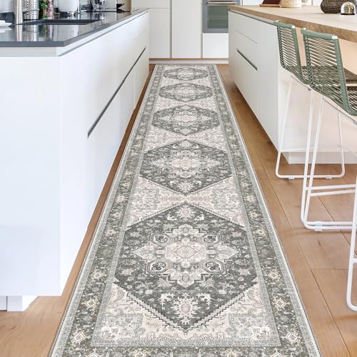 OPPODREAM Soft Entryway Rug 2x12, 2x12 Rug Runner, Washable Hallways Carpet 2 x 12 with Non Slip Backing, Low-Pile Bedside Carpet 2 x 12, Long, Faux Cashmere, Greenish Grey