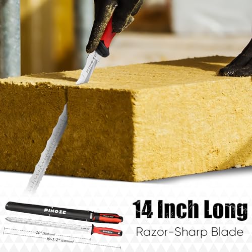 Image of PINOZE 14 inch Insulation Knife, Stainless Steel Blade Insulation Cutter w /Laser Scale, Dual-Side Serrated Duct Knife Tool with Sheath for Cutting Heat Material Foam /Rockwool /Styrofoam, Garden Sod Cutter