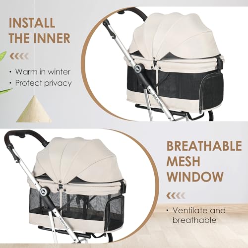 Image of T4 PRO Pet Stroller for Small Medium Dogs, Cat Strollers for 2 Cats, 4 Wheels Folding Pet Stroller for Cats with Pad, Canopy and Cup Holder, Beige