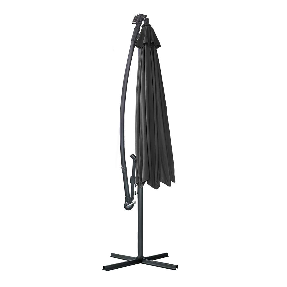 LARS360 Sombrilla Parasol Excéntrico Banana Con Solar LED para Terraza Jardín Balcón Mástil de Aluminio y 100% Poliester Tela, con Base de Cruz, Color Gris Oscuro 300cm Protección UV y Impermeable