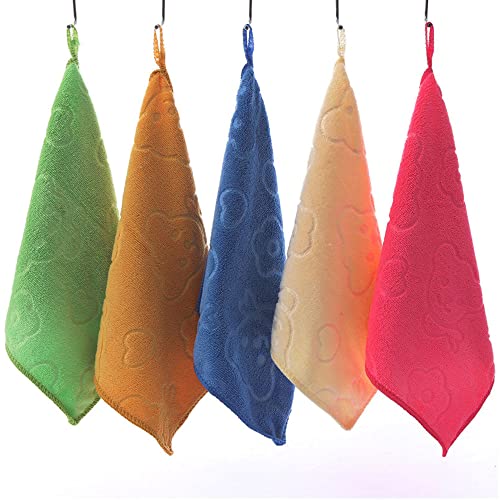 PREMJCROY Juego de 5 toallas de secado a mano, cinco colores, lazo para colgar, toalla de mano superfina, toalla de mano para colgar, toalla de mano suave y seca para cocina, baño, 9.8 x 9.8 pulgadas