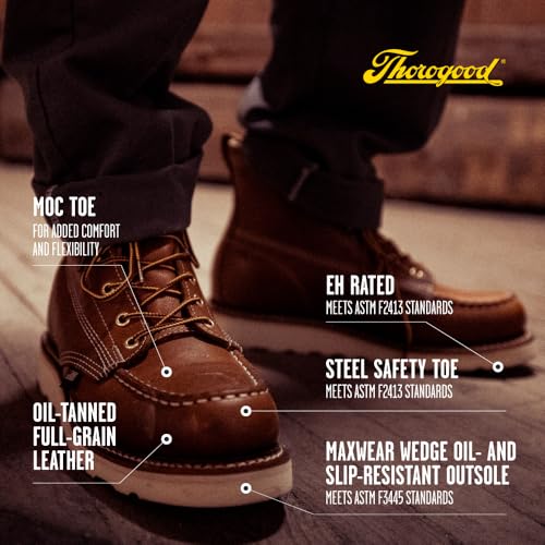 Image of Thorogood American Heritage 6 inch Steel Toe Work Boots for Men - Full-Grain Leather with Moc Toe, Slip-Resistant Wedge Outsole, and Comfort Insole; EH Rated