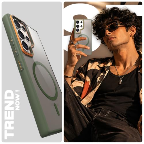 Image of Pikkme Back Cover for Samsung Galaxy S24 Ultra 5G | Shockproof | Mag-Safe Compatible | Hard Transparent Back | Premium Raised Camera Protection | Bumper Case (Green Mag-Safe)