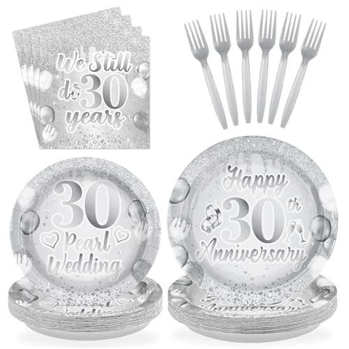 Greencian 96Pcs Glitter 30th Happy Anniversary Decorations Pearl Wedding Plates and Napkins Glitter Crystals Tableware Set for Couple Wife Husband Pearl Wedding 30th Anniversary Supplies Serves 24