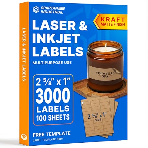 2 5/8' X 1' Kraft Brown Printable Labels for Inkjet and Laser Printers - 100 Sheets, 3000 Total Custom Stickers for Address Labels, Mailing, Product Labeling - Spartan Industrial Template R007