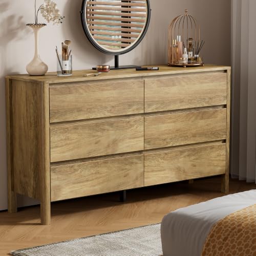 Image of Furniway 3 Piece Bedroom Set, 6 Drawer Dresser and Nightstands, Natural Oak