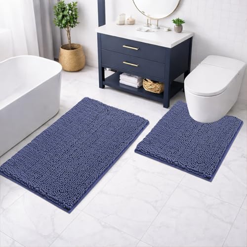 Image of LUXEHOME International Microfibre Chenille Contour Bath Mat Set for Bathroom, Anti Slip Super Absorbent Quick Dry Washable Bathroom Mats, Solid (Navy 45x75cm & 47x47cm) Pack of 2