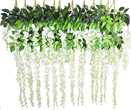 Lannu 12 Pack 3.6 FT Long Artificial Wisteria Flowers Silk Hanging Vine Ratta Flowers String Bush for Home Wedding Party Decor, Cream