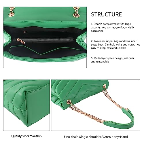 Image of Quilted Crossbody Bag for Women, Soft Vegan Leather Chevron Purses, Trendy Shoulder Handbags with Gold Chain Strap (Green)