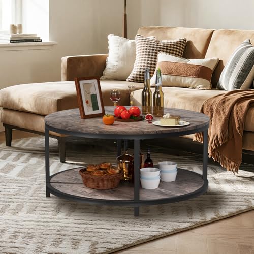 Image of Round Coffee Table 36 inch, 2-Tier Living Room Center Table with Storage Shelf, Rustic Wood Top & Sturdy Metal Frame, Modern Coffee Table for Family, Spacious Rooms, and Home Furniture (Light Walnut)