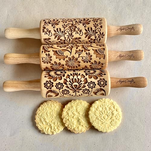 FLOWERS 3 Kid Rolling Pin Set with Damask, Folk and Floral Wreath Patterns. Wooden Laser Cut Mini Rolling Pins for Cookies, Play Dough, Salt Dough or Clay by Algis Crafts