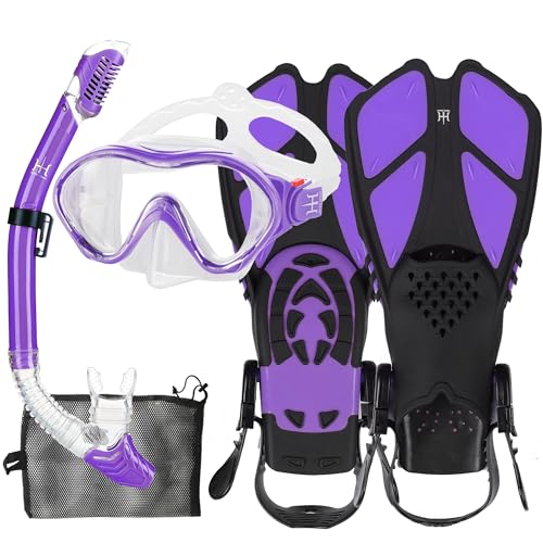 Kids Mask Fins Snorkel Set Snorkeling Packages, with Diving Mask, Snorkel, Adjustable Swim Fins, Mesh Bag, Anti-Fog Anti-Leak Snorkeling Gear for Kids for Snorkeling Swimming Diving