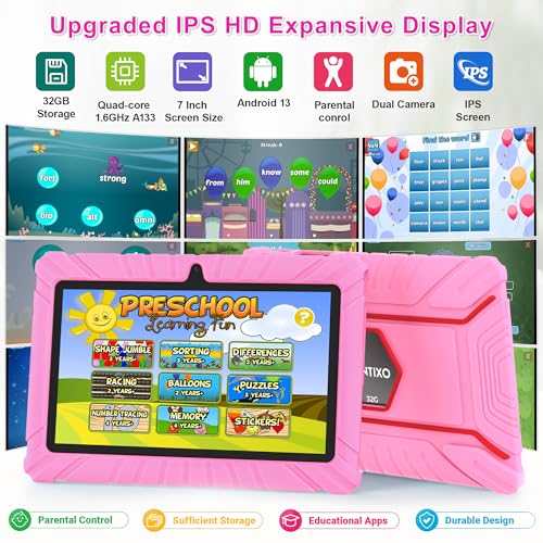Image of Contixo Kids Tablet Bundle, 7 inch Learning Tablet with Headphones, Pink | 7 inch IPS display, 32GB storage, parental controls, wired headphones, durable case, learning apps, ages 3-12.