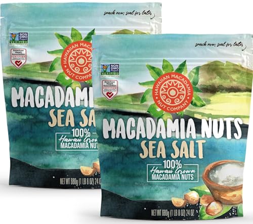Hawaiian Macadamia Nut Company Dry Roasted Macadamia Nuts with Sea Salt 24 Oz (Pack of 2, Total 48-Ounce), Source of Fiber, Gluten-Free and Certified Non-GMO, Premium Quality, Crunchy and Delicious