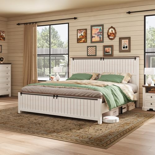 AMERLIFE Rustic King Size Bed Frame with Sliding Barn Door and Tall Headboard, No Box Spring Needed, White
