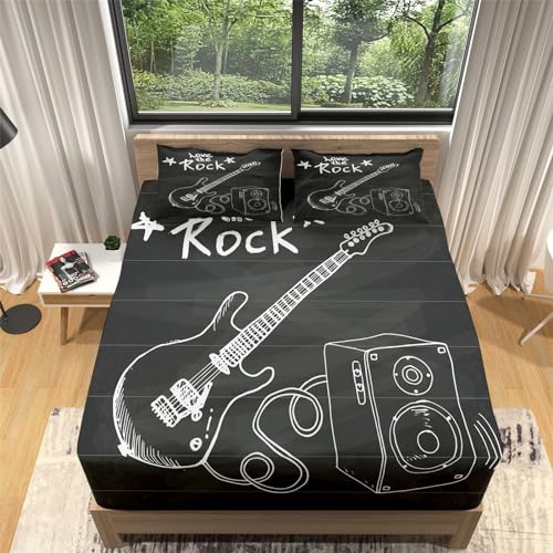 Gris Oscuro Sabana Bajera 90x190 Ajustable MúSica Y Guitarra EléCtrica Impresión Microfibra Bolsillo Profundo Esquinas Elasticidad y Antiarrugas Protector de Colchón para Colchón 30cm de Altura