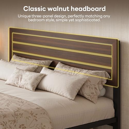 Image of LIKIMIO Queen Bed Frame with Headboard, Mid-Century Modern Queen Platform Bed, Heavy Duty Silent Metal Slats, No Box Spring Needed, Noise-Free, Dark Walnut