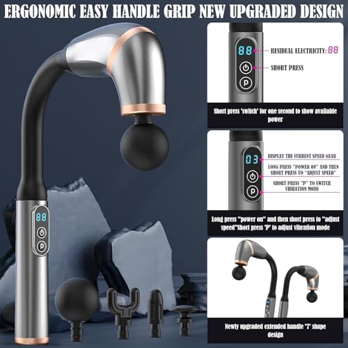 Image of Handheld Deep Tissue Massage Gun with Long Reach Handle | 4 Interchangeable Massage Heads | 6 Speed Levels & 3 Massage Modes | Cordless Rechargeable Percussion Massager for Neck, Back, Shoulders, Legs & Feet