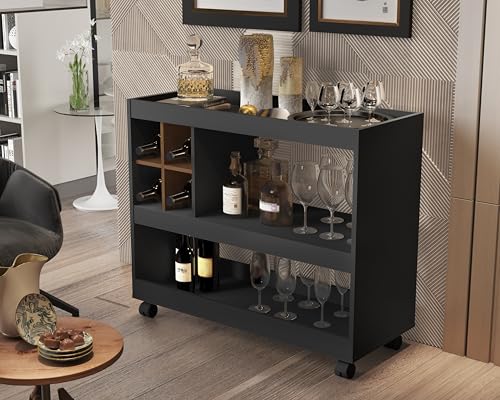 Bar Aparador Buffet Para Sala Com Adega E Rodízios 4050 – Modelo Moderno (PRETO)