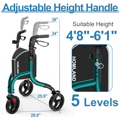 Image of HOMLAND 3 Wheel Walkers for Seniors, Foldable Wheeled Rollator with Cane Hold and Cup Hold, Lightweight Three Wheel Rolling Walker Height Adjustable for Seniors