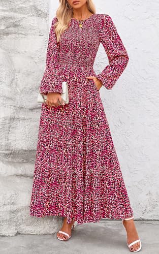 Image of PRETTYGARDEN Women's Fall Dresses 2026 Long Sleeve Flowy Casual Floral Maxi Dress Crew Neck Smocked Tiered Long Dress