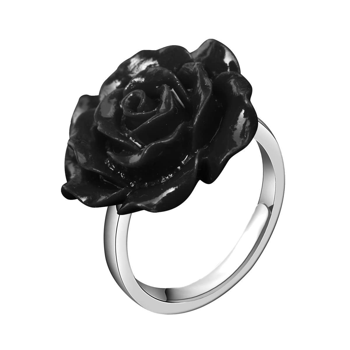 YINUJIAO20MM 3D Carved Rose Flower Fashion Statement Ring 925 Sterling Silver Flower Ring Adjustable Cuff Ring