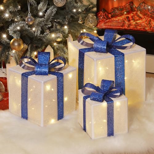 Caixas de presente iluminadas de Natal, 3 peças decoração natalícia para interior e exterior, com controlo remoto e conexão USB, ornamentos festivos para casa alpendre jardim e relva, prata e azul Bow