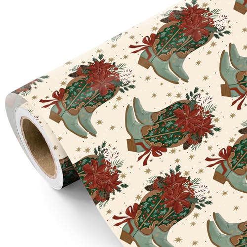 WRAPAHOLIC Cowgirl Christmas Wrapping Paper - Mini Roll - 17 Inch x 16.5 Feet - Western Wrapping Paper with Cowgirl Boots and Red Poinsettia Floral Design for Christmas Holiday, Winter Season