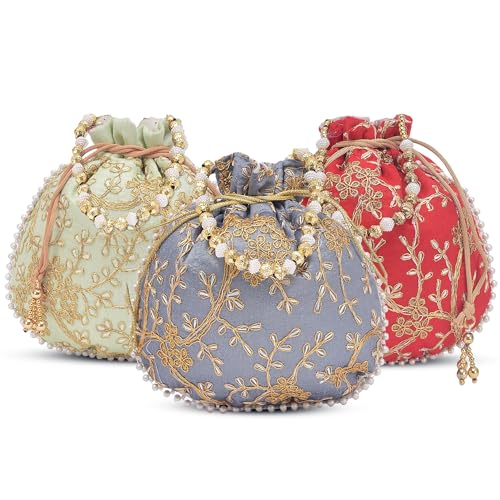Image of Kuber Industries Pack of 3 Potli Bags for Ladies & Girls | Shagun Pouches for Festive Seasons | Embroidery Bridal Purse -Green, Grey & Red
