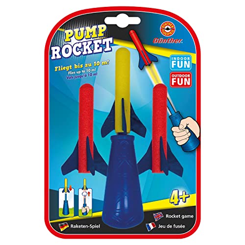 Günther Flugspiele 1557 - Raketenspiel Pump Rocket, ca. 15 x 8 cm, Wurfspiel mit 3 Schaumstoff-Raketen und Abschusspistole, Raketen Spielzeug für Kinder ab 4 Jahren, bis zu 10 m Reichweite