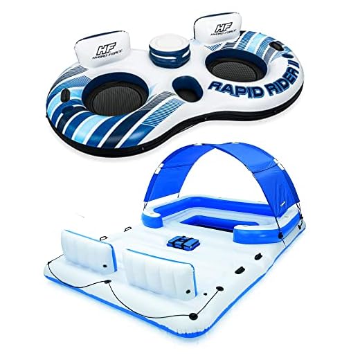 Bestway Hydro-Force Rapid Rider Inflatable Double Tube and Tropical Breeze 6 Person Inflatable Party Island Water Float with Detachable Sun Shade