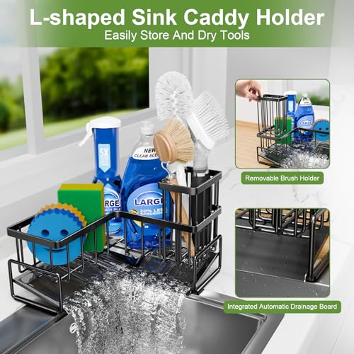 Image of Fikoksol Large Sponge Holder for Kitchen Sink, 90-Degree Sink Caddy Storage | Self Draining Sponge Rack for Countertop, Metal L-Shaped Dish Soap Organizer with Brush Holder, Corner Sink Storage Ideas