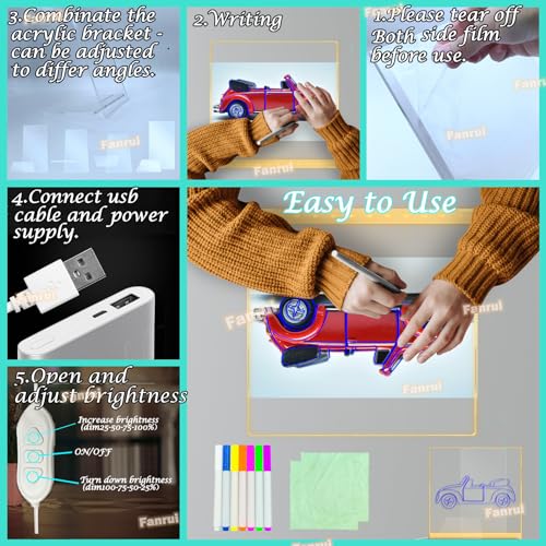Fanrui LED Note Board with Colors, 15 x 15cm Acrylic Light Up Dry Erase Board with Dimmable Light, Led Writing Board with Stand, Glow Memo Message Board Magic Note Board Drawing Board Light Board - Thumbnail 7