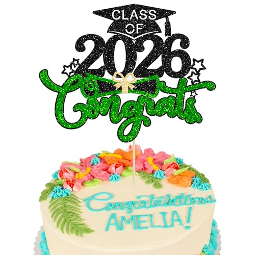 Décoration gâteau graduation 2026, chapeau paillettes noir vert