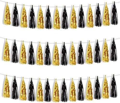 BEISHIDA 3 Packs Black Gold Metallic Foil Fringe Tassel Garland, ...