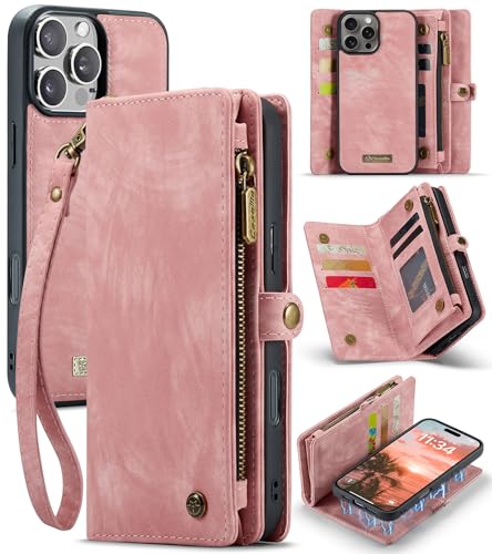 Étui en cuir pour iPhone 16 Pro chic avec fentes cartes et cordon amovible rose