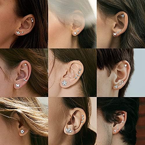 MILACOLATO 18Pairs 18G Stainless Steel Tiny Stud Earrings for Women Men Star Triangle Moon Heart Ball CZ Stud Earrings Cartilage Helix Tragus Stud Earrings Flatback Studs Earrings Piercing Set