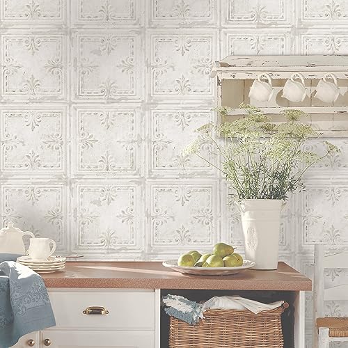 RoomMates RMK11209WP White Tin Tile Metallic Accent Peel and Stick Wallpaper by RoomMates - Image 6