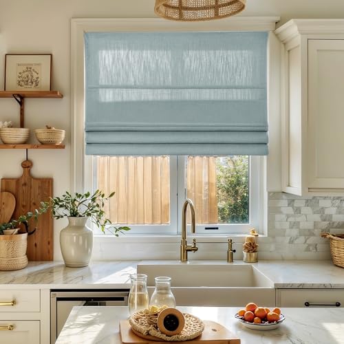 Image of TWOPAGES Isabella No Drill Cordless Roman Shade Linen Textured Cotton Roman Blind for Windows, Custom Made Room Darkening Blackout Roman Window Shade, Hardware Included, Sky Blue, 1 Piece