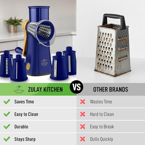 Image of Zulay Kitchen Rotary Cheese Grater 5 Blade Cheese Shredder - Manual Hand Crank Cheese Grater With Reinforced Suction & 5 Interchangeable Drums - Easy to Use, Vegetable Chopper Round Mandoline Slicer