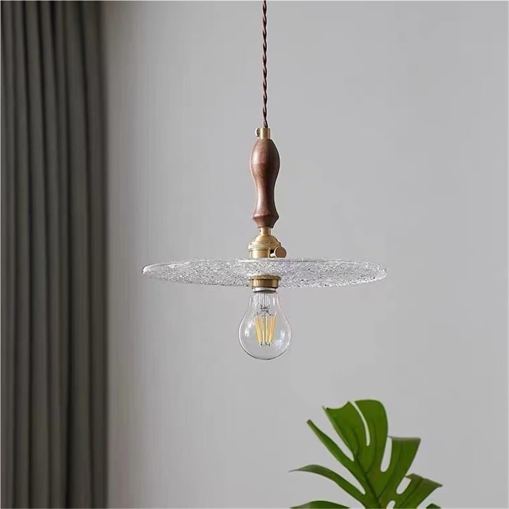 Creative Mini Glass Lampshade Pendant Light with E26/E27 Wood Base Pendant Lamp Round Dining Room Decorative Hanging Light(28cm)