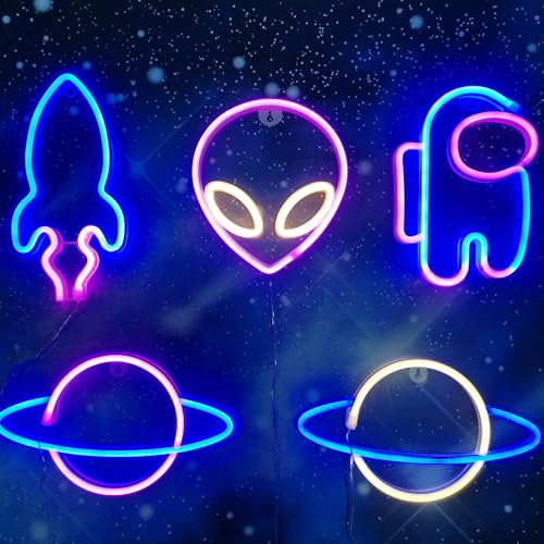 Image of Planet Alien Space Neon Signs, 5Pcs LED Neon Light for Wall Decor, Battery or USB Power, Led Sign for Bedroom Wall Decor Aesthetic Teen Girl Kid Room Christmas Birthday Wedding Party Pink Blue Yellow