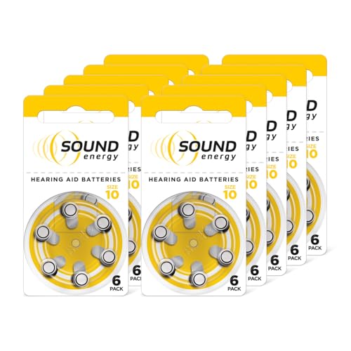 Energizer Sound Energy - Pilas para Audífonos tamaño 10 (Paquete de 60) - Baterías de Audífono - Tecnología Zinc-Aire - Fácil Instalación - 4 años de Almacenamiento [Exclusivo de Amazon]