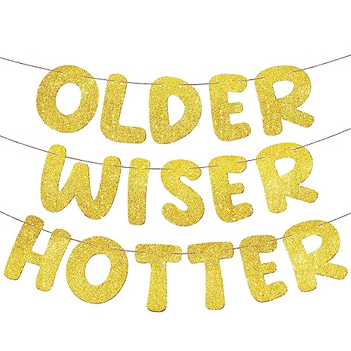 Image of Fulmoon Set of 3 Pre Strung Older Wiser Hotter Glitter Banner Funny Birthday Banner for Women 30th 40th 50th 60th 70th 80th Birthday Party Decorations Sign Gift(Gold)