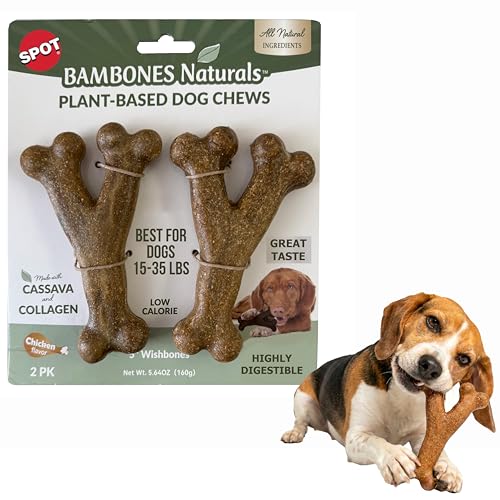 SPOT Bambones Naturals Wishbone Dog Chews 5 Inch Plant-Based Cassava & Collagen Chews for Medium Dogs 15-35 lbs Low-Calorie Highly Digestible Chicken Flavor All Natural Ingredients 2-Pack